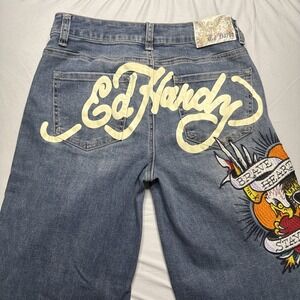Ed Hardy Jeans BRAVE HEARTS STAY TRUE Womens 26 Wide Leg Eagle Y2K Skate Stretch